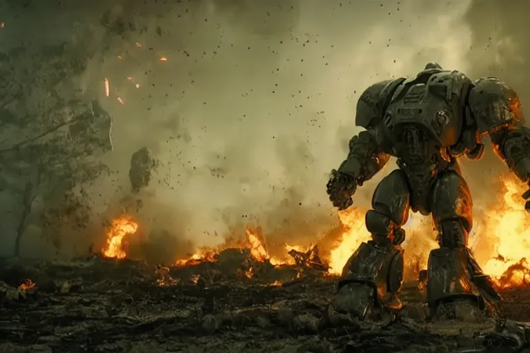 Image similar to VFX movie of futuristic cybernetic beast monsters fighting space marines lunging, war zone, battlefield, debris, fire , natural lighting by Emmanuel Lubezki