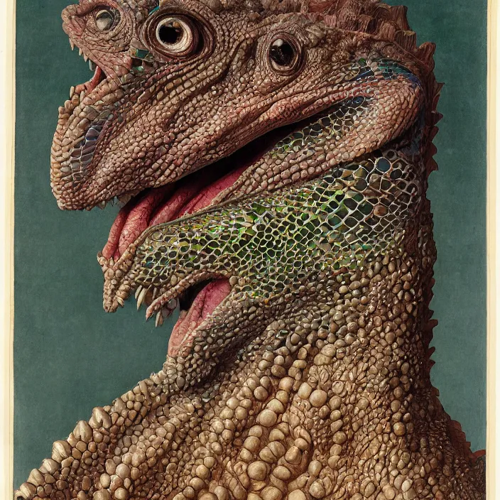 Image similar to close up portrait of an mutant monster creature with proud, reptilian allure, iridescent scales, dovish feathers, diaphanous fungic protuberances. jan van eyck, walton ford