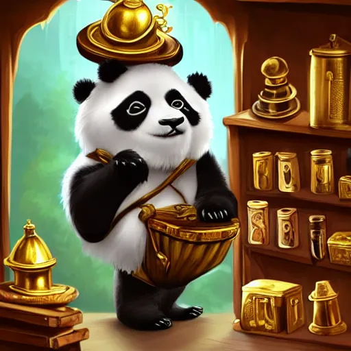 Image similar to Anthropomorphized panda trader in his shop, selling his wares, portrait, items, gold, magic potions, carpet, window, fancy hat, sly expression , cunning expression, cute expression, long thick shiny gold beak, presenting wares, holding a gold bag, D&D, fantasy, cinematic lighting, highly detailed, digital painting, artstation, concept art, smooth, sharp focus, illustration, warm light, cozy warm tint, magic the gathering artwork, volumetric lighting, 8k, art by Akihiko Yoshida, Greg Rutkowski