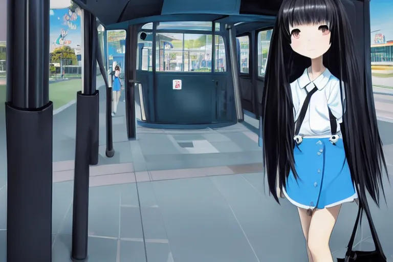 Image similar to japanese style, a 1 5 - year - old girl with long black hair, wearing a black uniform and sky blue short skirt, blue pupils, blue tie, carrying a black backpack, at the tram station, thin face, high light eyes, face, surrealism, movie level realism, virtual engine 5, fine texture, real light and dark composition, mixer rendering