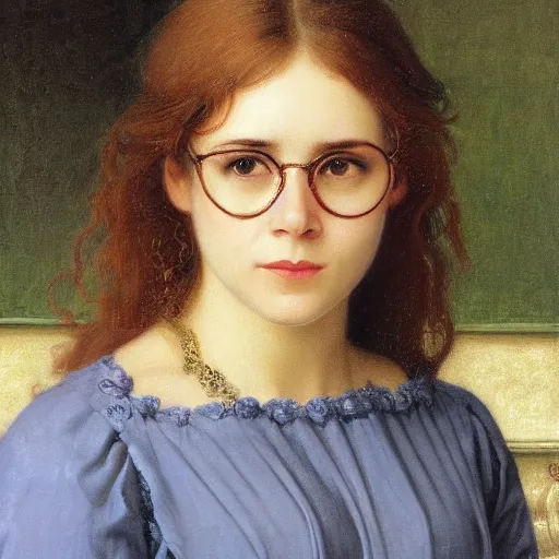 Prompt: portrait of Pam Beesly wearing cat-eye glasses by edmund blair leighton