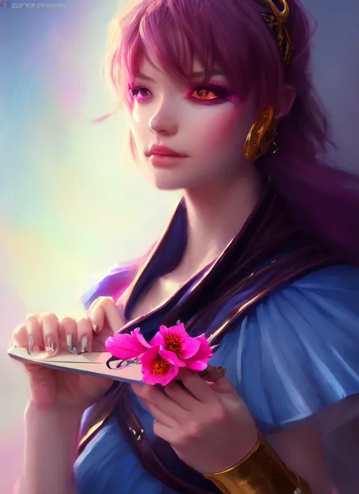 Image similar to female magician, wide angle view, flowers, blue, black, pink, gold, diamonds, highly detailed, artgerm, cushart krenz, artstation, soft light, sharp focus, illustration, character design, concept art