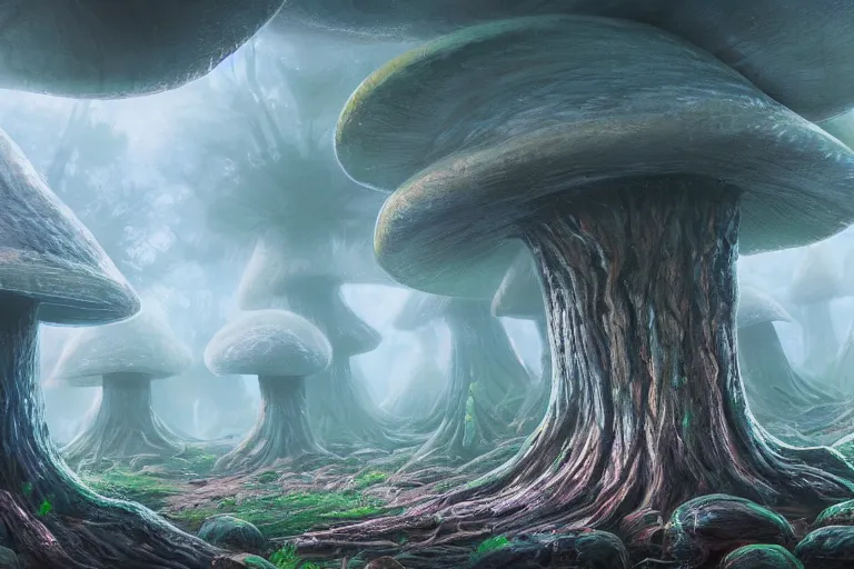 Image similar to giant mushroom forest in the style of Tuomas Korpi concept art, 4K, UHD, High quality, Trending on Artstation HQ