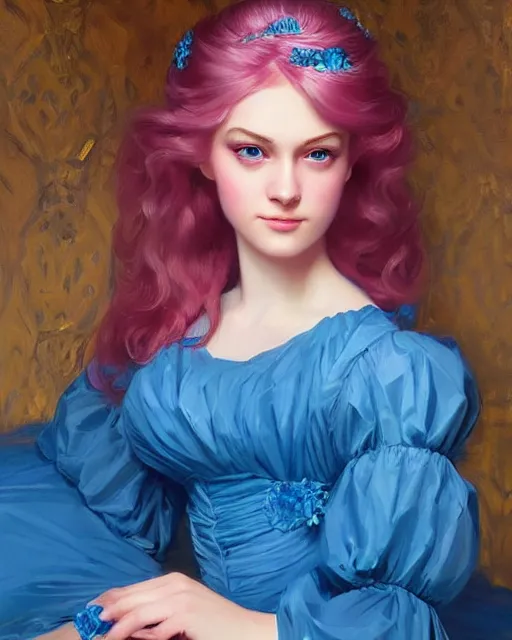 Prompt: princess, brilliant pink ball gown, beautiful face, oil on canvas, artstation, pretty blueeyes, by j. c. leyendecker and edmund blair leighton and charlie bowater, beautiful face, octane, very aesthetic!!!!!!!!!!!!!!! stunning gorgeous blue eyes