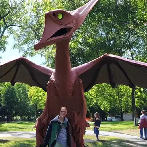 Prompt: pterodactyl hanging out with people in a park