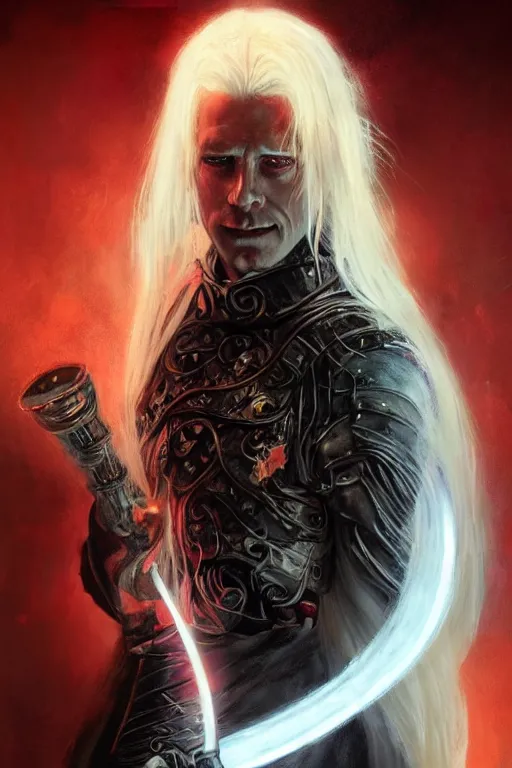 Image similar to portrait of Elric of Melibourne, long white hair, black paper, vivid colors, Long black sword with red glowing runes, by Bastien LeCouffe-Deharme, J. C. Leyendecker, Craig Mullins, Marc Simonetti, greg rutkowski, trending on Artstation