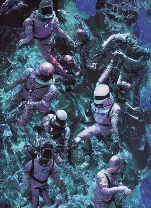 Image similar to astronauts in dark void underwater - complex and hyperdetailed technical suit. reflection and dispersion materials. rays and dispersion of light. volumetric light. f / 3 2. noise film photo. flash photography. ultra realistic, wide angle. poster by wayne barlowe, hajime sorayama aaron horkey, craig mullins