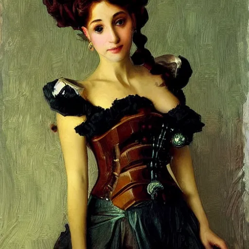 Image similar to Portrait of a steampunk Ariana Grande, elegant, mechanical, broad detail, facial details, vintage shading, by Ilya Repin