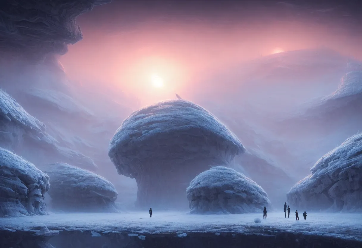 Image similar to surface of frozen winter alien planet at sunset, ultra high definition, ultra detailed, symmetry, fog, matte painting, by greg rutkowski and ross tran and wlop