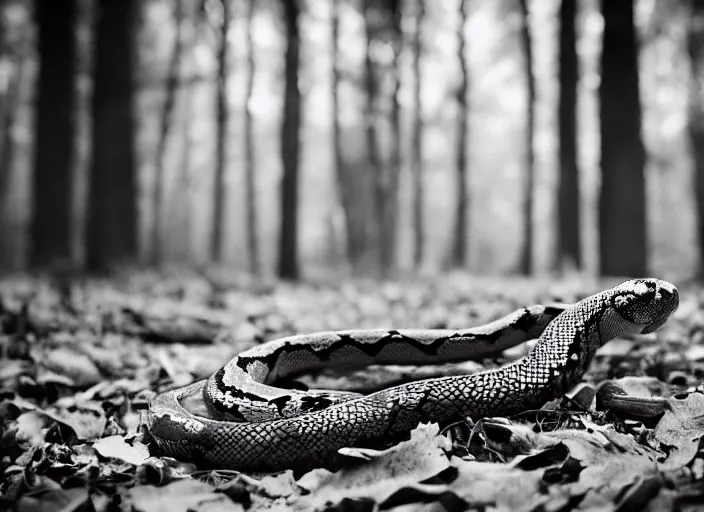 Prompt: snakes in the wood by Jakub Rozalski, lomography photo, blur, monochrome, 35 mm