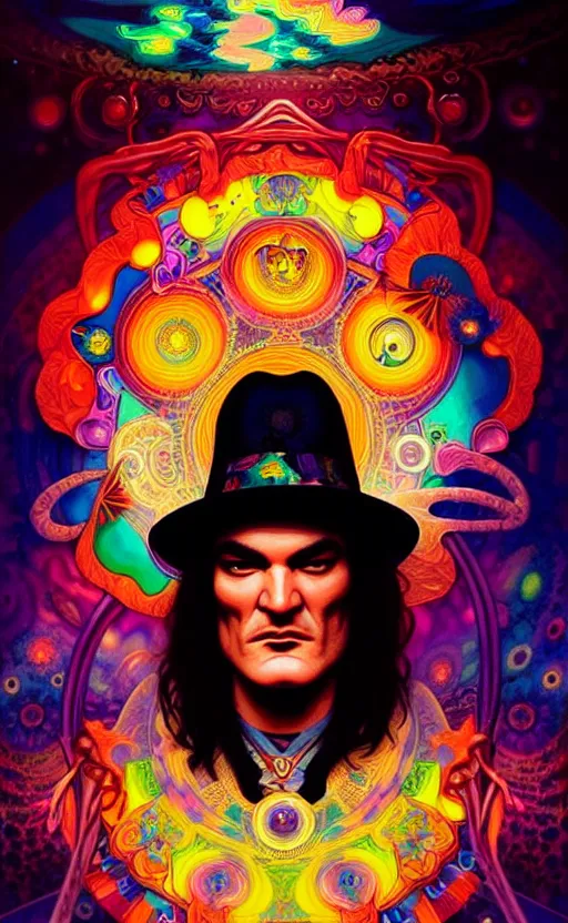 Image similar to An extremely psychedelic celestial quentin tarantino in his black fedora hat, colorful, surreal, dramatic lighting, magic mushrooms, psilocybin, LSD, face, detailed, intricate, elegant, highly detailed, digital painting, artstation, concept art, smooth, sharp focus, illustration, art by Krenz Cushart and Artem Demura and alphonse mucha