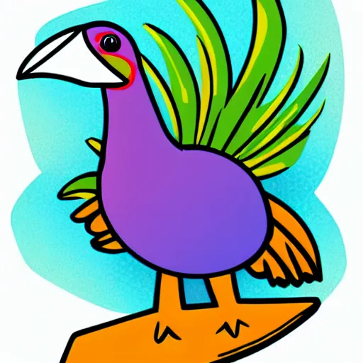 Prompt: cute digital illustration of a dodo bird surfing. super cute. tropical. colorful.