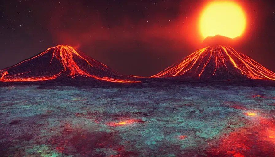 Image similar to volcano at night, island in front of the full moon, shimmering stars, moody atmosphere, glowing lava, water, unreal engine, realistic shading, realistic render, octane render, detailed textures, photorealistic, wide shot