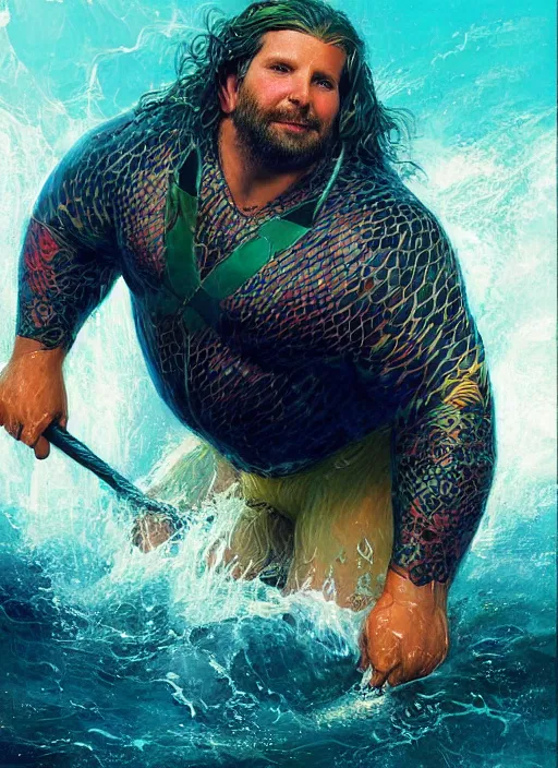 Prompt: portrait of obese bradley cooper as obese aquaman, digital art by eugene de blaas and ross tran, vibrant color scheme, highly detailed, in the style of romanticism, cinematic, artstation, greg rutkowski