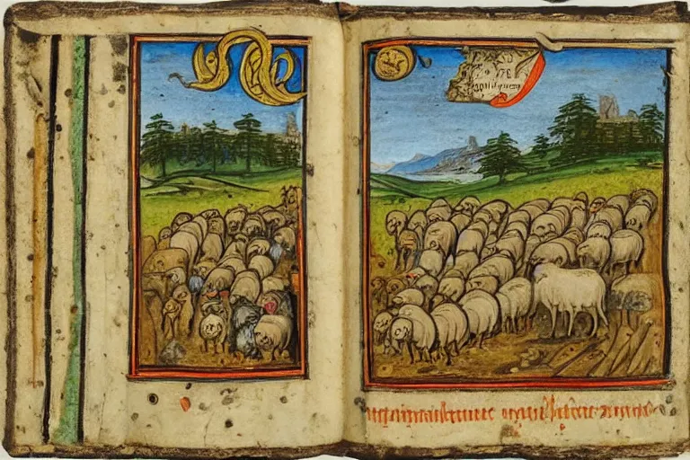 Prompt: medieval illuminated manuscript bible page depicting a tranquil pastoral landscape with sheep