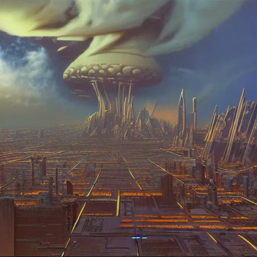 Prompt: cinematic view of a cyberpunk brutalist futuristic cityscape in clouds, tim hildebrandt, wayne barlowe, syd mead, john harris, bruce pennington, donato giancola, larry elmore, oil on canvas, artstation, pixiv, cinematic composition, dramatic, beautiful lighting, sharp, details, hd, hdr, 4 k