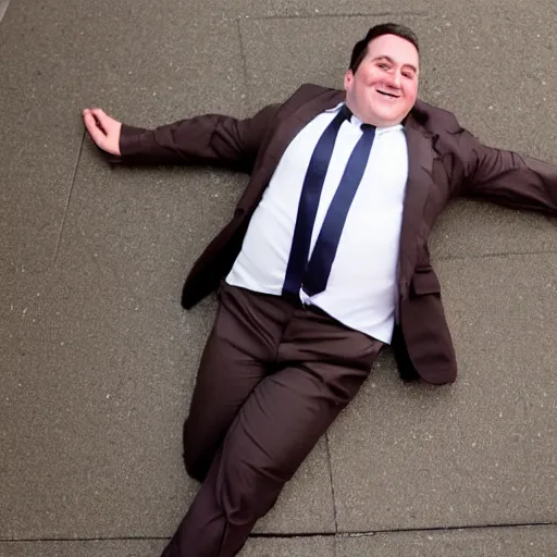 Image similar to A smiling chubby white clean-shaven man dressed in a chocolate brown suit and necktie is laying on the ground in New York city.