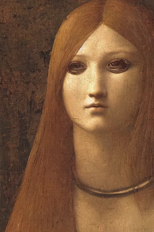 Image similar to a close - up portrait of a cyberpunk cyborg girl, by leonardo davinci, rule of thirds