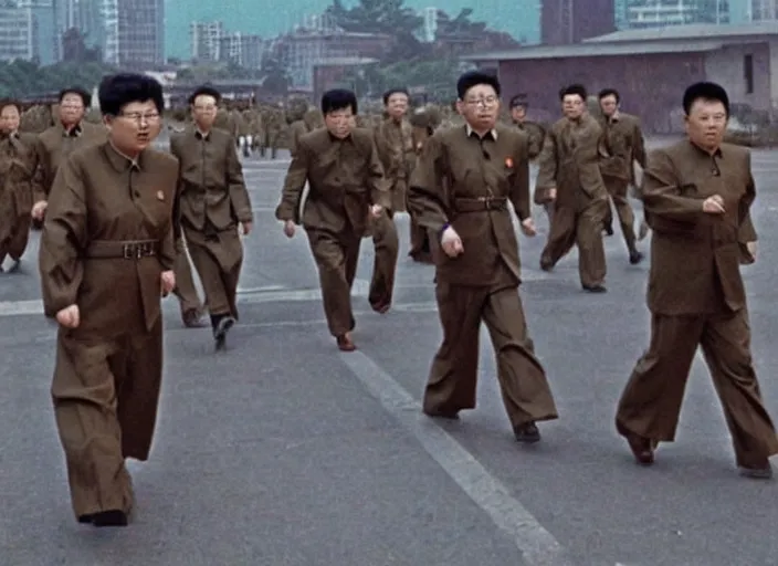 Image similar to kim jong - il clone army walking in 1 9 6 0 s pyongyang, epic thriller in the style of ghost in the shell by mamoru oshii, blur very realistic movie still, backlighting