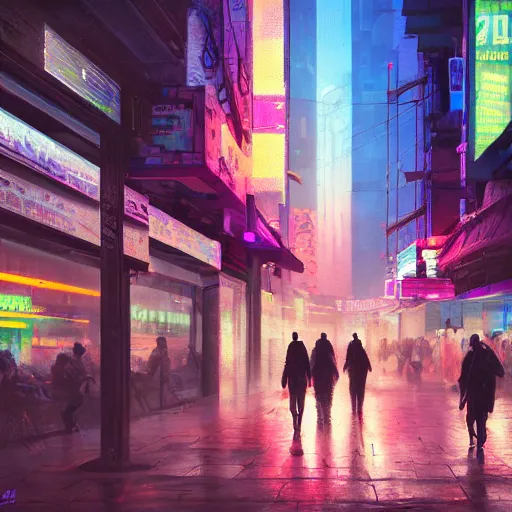 Image similar to Neon city, big street, people walking, Sergey Zabelin, cyberpunk, high detail, photo realistic, art station