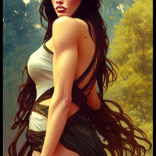 Image similar to Megan Fox , highly detailed, digital painting, artstation, concept art, sharp focus, illustration, art by greg rutkowski and alphonse mucha