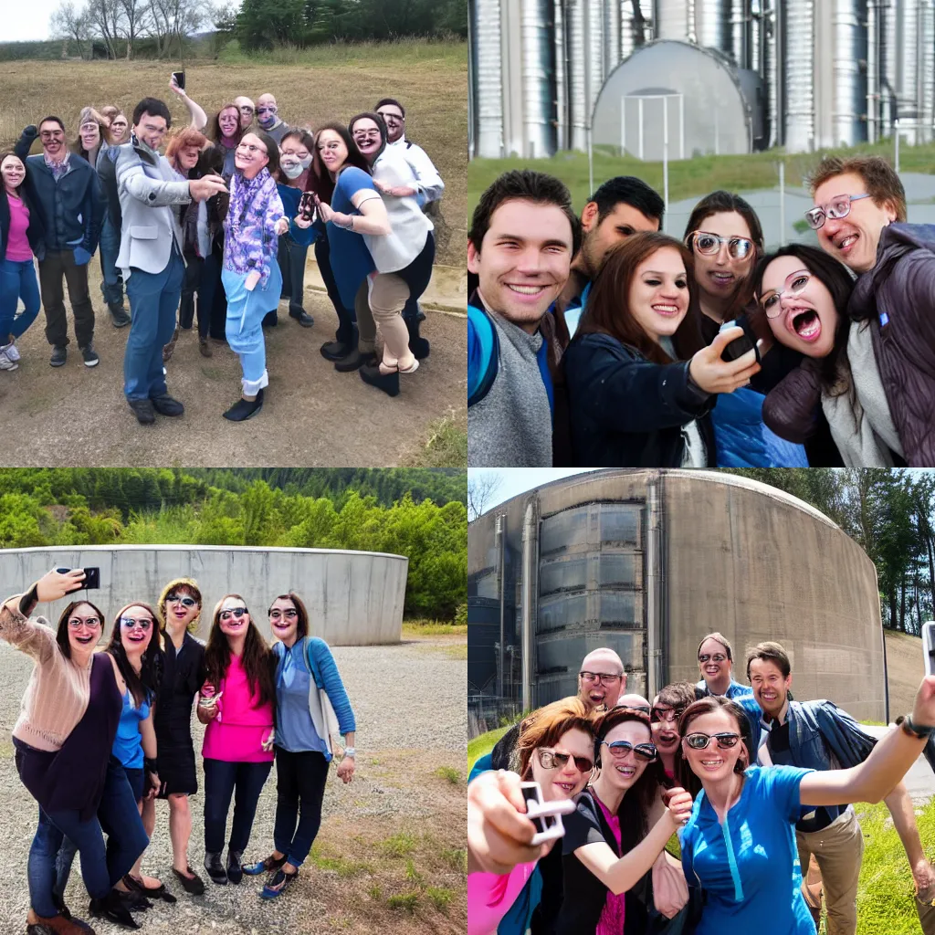 Prompt: group of friends doing a selfie photo outside nuclear reactor