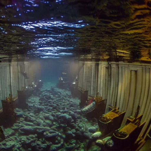 Image similar to uk parliament deep underwater, dredged seabed, shot on gopro9, moody lighting, 8k, very very very highly detailed, hyper realistic realistic