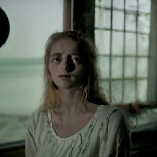 Image similar to film still of a young female decaying with the thought of her life ahead of her, despondent, waiting in search of some other place, moonlit night, cinematography by sven nykvist