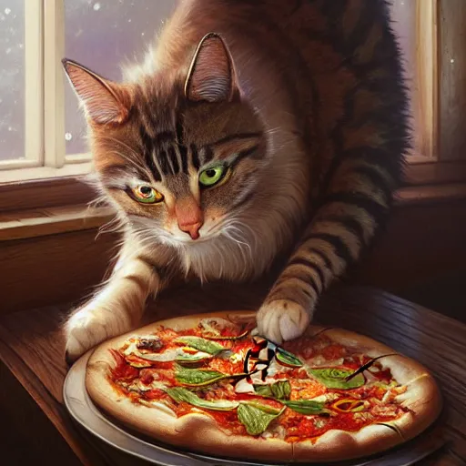 Image similar to Highly detailed photo of a cat eating pizza, unreal engine, fantasy art by Greg Rutkowski, Loish, Rhads, ferdinand knab, Makoto Shinkai and Lois van baarle, ilya kuvshinov, rossdraws, Tom Bagshaw, alphonse mucha, global illumination, radiant light, detailed and intricate environment