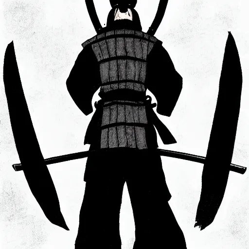 Image similar to A FULL BODY PORTRAIT FROM BEHIND OF A SAMURAI THAT HOLDS 2 KATANAS FROM MANGA VAGABOND, ,detailed, concept art, ink style , sketch black and white colors