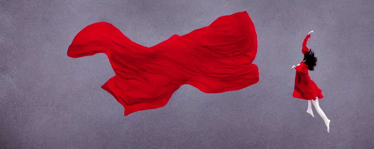 Image similar to A woman floating in an giant red cape like a road twirling towards the horizon, giant red swirling cloth in the sky, dressed by Eiko Ishioka, film still, realistic, cloth