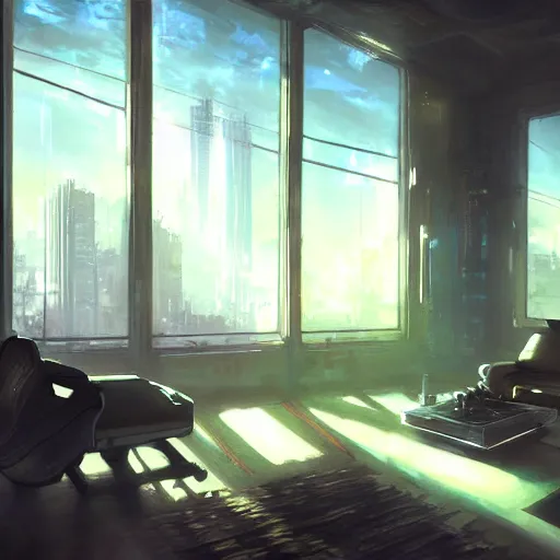 Image similar to cyberpunk living room interior, windows, light rays, buildings, dystoptian, gorgeous view, depth, painted by Seb McKinnon, clouds, tending on artstation