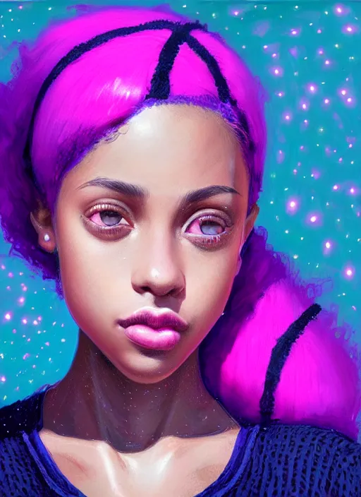 Image similar to portrait of teenage vanessa morgan with bright pink hair, black girl, curly pixie cut hair, wearing a purple breton cap, breton cap, hoop earrings, intricate, elegant, glowing lights, highly detailed, digital painting, artstation, concept art, smooth, sharp focus, illustration, art by wlop, mars ravelo and greg rutkowski