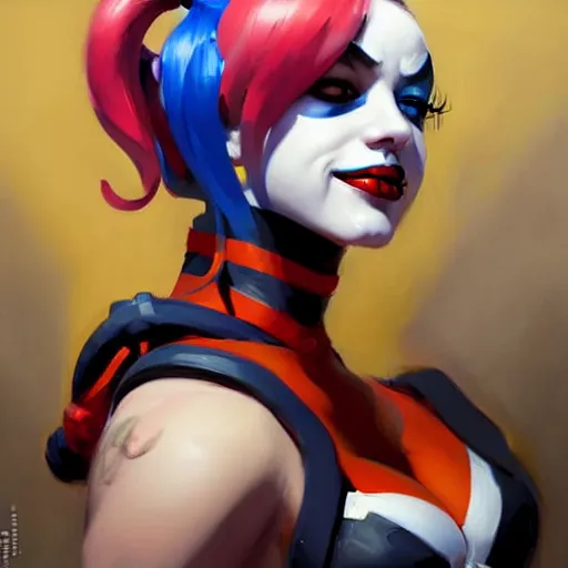 Image similar to Greg Manchess portrait painting of Harley Quinn as Overwatch character, medium shot, asymmetrical, profile picture, Organic Painting, sunny day, Matte Painting, bold shapes, hard edges, street art, trending on artstation, by Huang Guangjian and Gil Elvgren and Sachin Teng