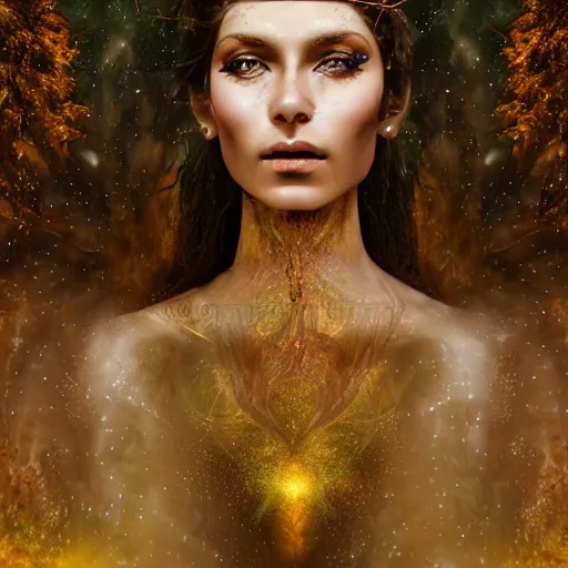 Prompt: goddess of the universe. fantasy. ultra realistic portrait of the women. wrapped in wet silk. melted wax. magical. high fantasy. forest. volumetric lighting. nature. haze. epic. cinema.