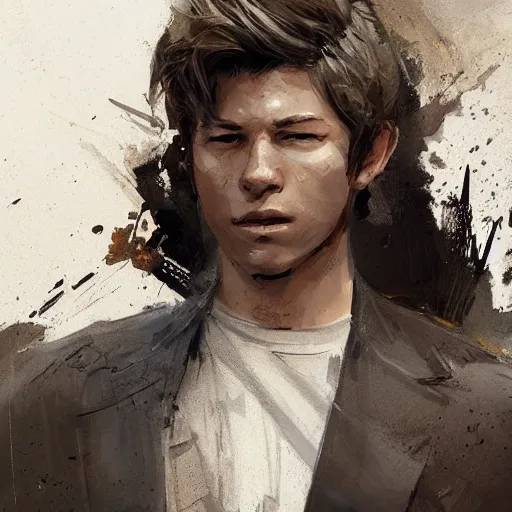 Image similar to portrait of a man by greg rutkowski, he looks like tye sheridan, he is about 2 0 years old, messy brown hair, tired eyes, he is wearing a black and white kevlar superhero suit, highly detailed portrait, digital painting, artstation, concept art, smooth, sharp foccus ilustration, artstation hq