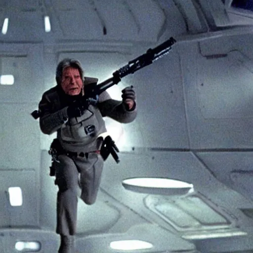 Image similar to A still of Harrison Ford as Commander Adama in Battlestar Galactica (2003), firing at a Cylon