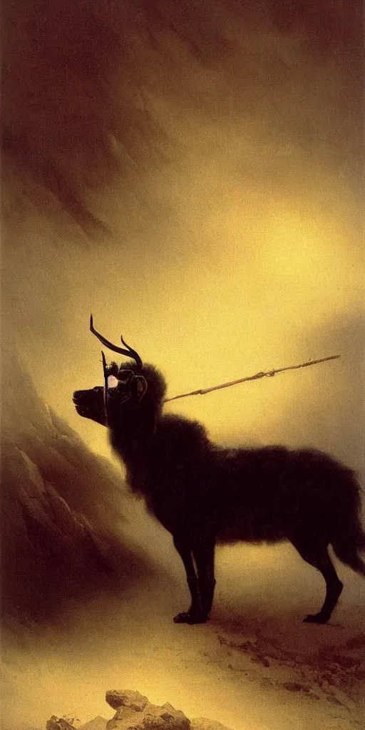 Prompt: the devil with black fur and a hiking stick by Ivan Aivazovsky