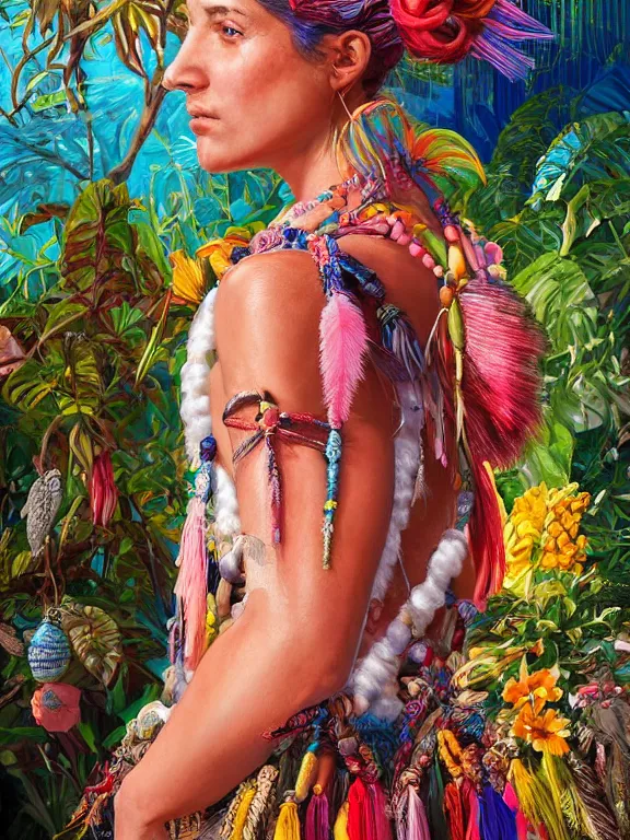 Prompt: beautiful portrait of a mediterranean female wearing fantastic Hand-dyed cotton dress, embellished beaded feather decorative fringe knots ,colorful pigtail,subtropical flowers and plants,symmetrical face,intricate,elegant, highly detailed, 8k,post-processing,digital painting, trending on artstation, concept art, sharp focus, illustration, by artgerm,Tom Bagshaw,Daniel Gerhartz,Albert Aublet,Lawrence Alma-Tadema