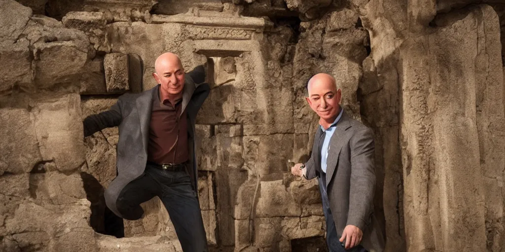 Prompt: film frame of jeff bezos taking a trasure from an ancient temple. indiana jones style 4 k quality rule of thirds jeff bezos dressed as indiana jones detail cinematic color grading by christopher nolan. portrait photography. close shot