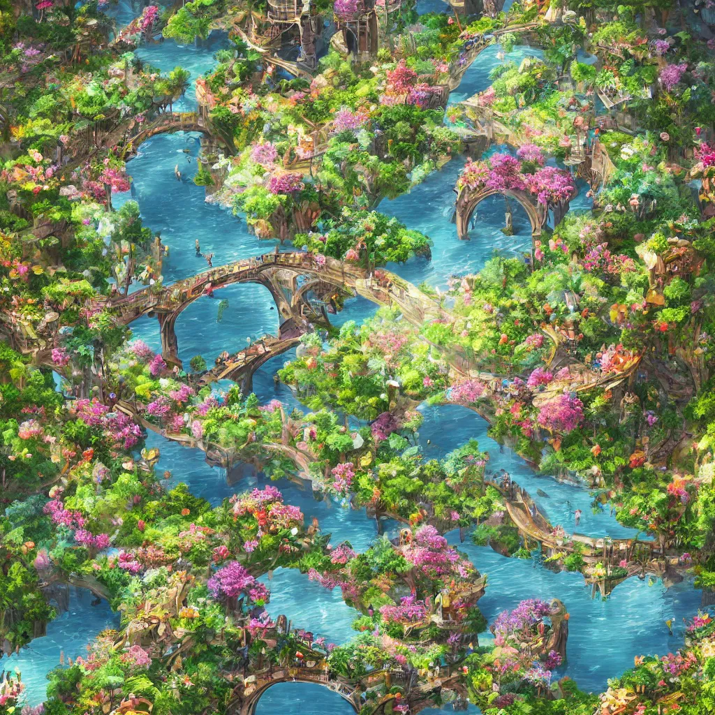 Image similar to a beautiful nature civilization, fancy, flowers, bridges, nature city, people, tree houses, trending on artstation, behance, deviantart