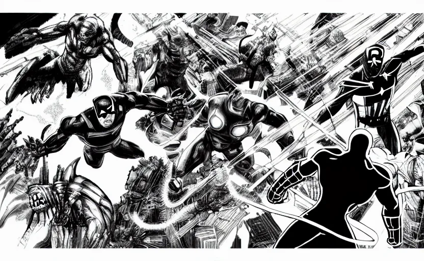 Image similar to black and white avengers fights with marvel monsters, isometric, by tsutomu nihei