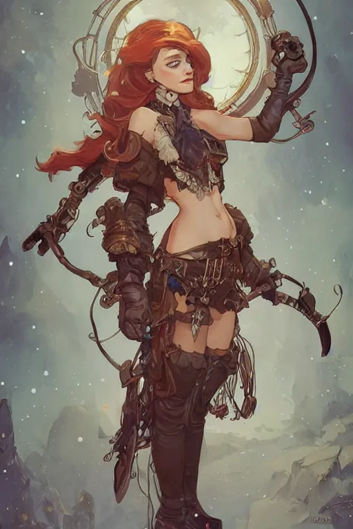 Image similar to ariel disney steampunk half - cyborg cowgirl, pelt coats, high fantasy, dnd, smooth, sharp focus, illustration, highly detailed, digital painting, artstation, concept art, by rossdraws, alphonse mucha, frank fanzzeta, collectible card art