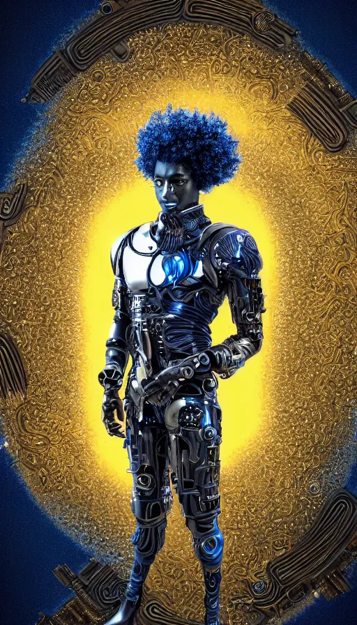 Image similar to full body head to toe portrait of a afropunk sci-fi cyborg ninja, third person, D&D, sci-fi fantasy, intricate, blue and gold, afrofuturism, afro hair style, black skin male, highly detailed, art by Range Murata, highly detailed, 3d, octane render, bright colors, digital painting, trending on artstation, sharp focus, illustration style of Stanley Artgerm, dramatic background