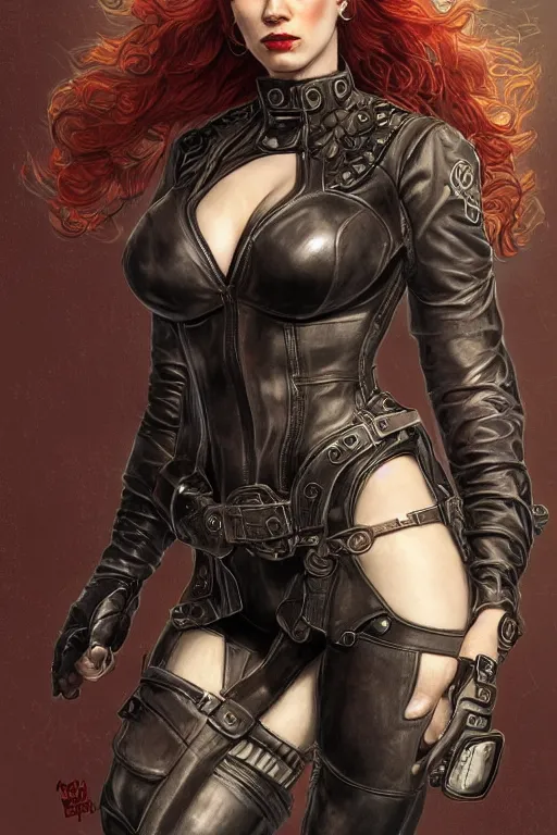 Image similar to muscled Christina Hendricks as a ruggedly handsome heroine , dressed in biker leather, intricate, elegant, highly detailed, centered, digital painting, artstation, concept art, smooth, sharp focus, illustration, art by artgerm and donato giancola and Joseph Christian Leyendecker, Ross Tran, WLOP