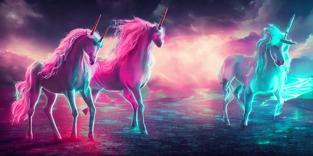 Image similar to first born unicorn, cyberwave, neon, cinematic,