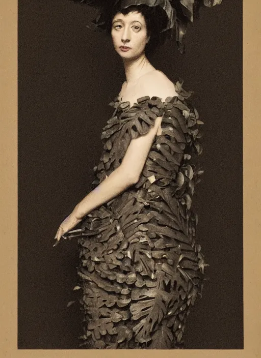 Image similar to a woman in dress inspired by monstera leaves in the style of the dutch masters and gregory crewdson dark and moody