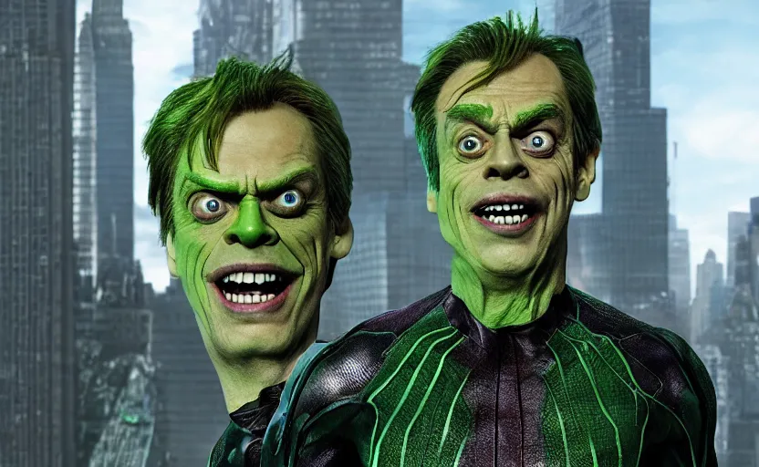 Image similar to steve buscemi as the green goblin, movie still from spiderman film, hdr, epic composition