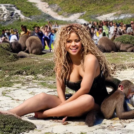 Prompt: Shakira singing for a crowd of monkeys on an island with the ocean in the background