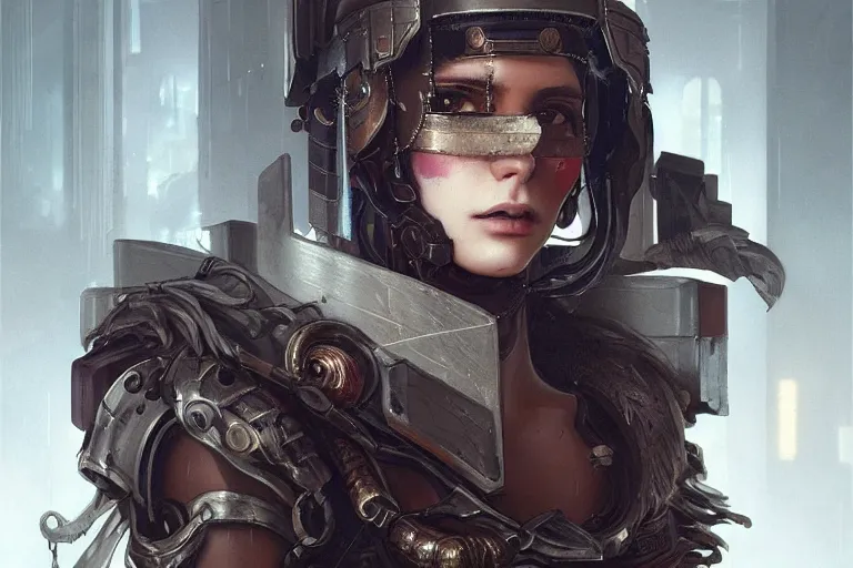 Prompt: cyberpunk roman soldier, elegant, highly detailed, highly detailed, sharp focus, illustration, beautiful, trending on artstation, artwork by wlop